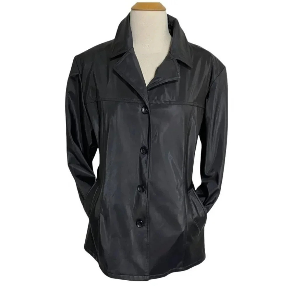 Y2K CS Signature Jacket Med Black Faux Leather Vinyl Button Up Pink Lined Trench